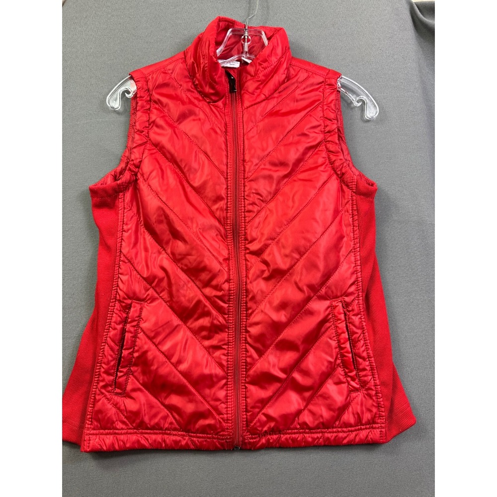 Kim Rogers Women Red Quilted Puffer Vest Chevron Full Zip Ribbed Size PS Small